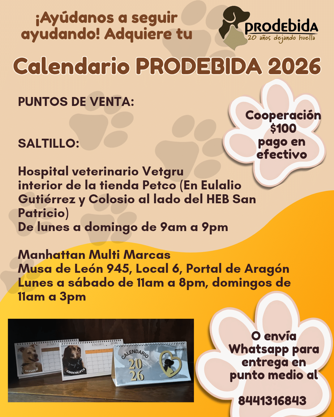 Calendario de escritorio a beneficio de Prodebida A C.