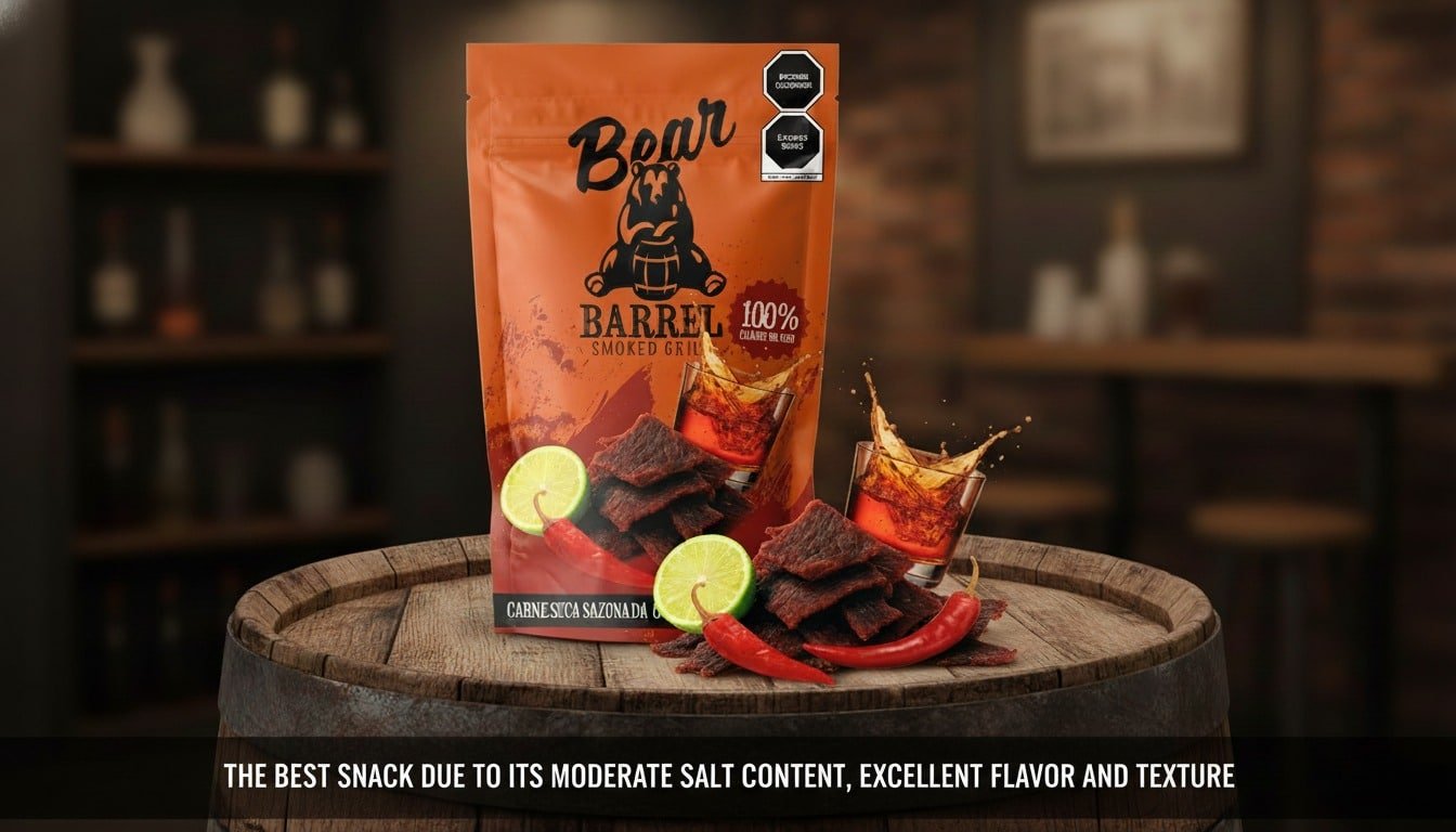 Carne seca sazonada con whiskey, chiles secos, ácido cítrico y sal